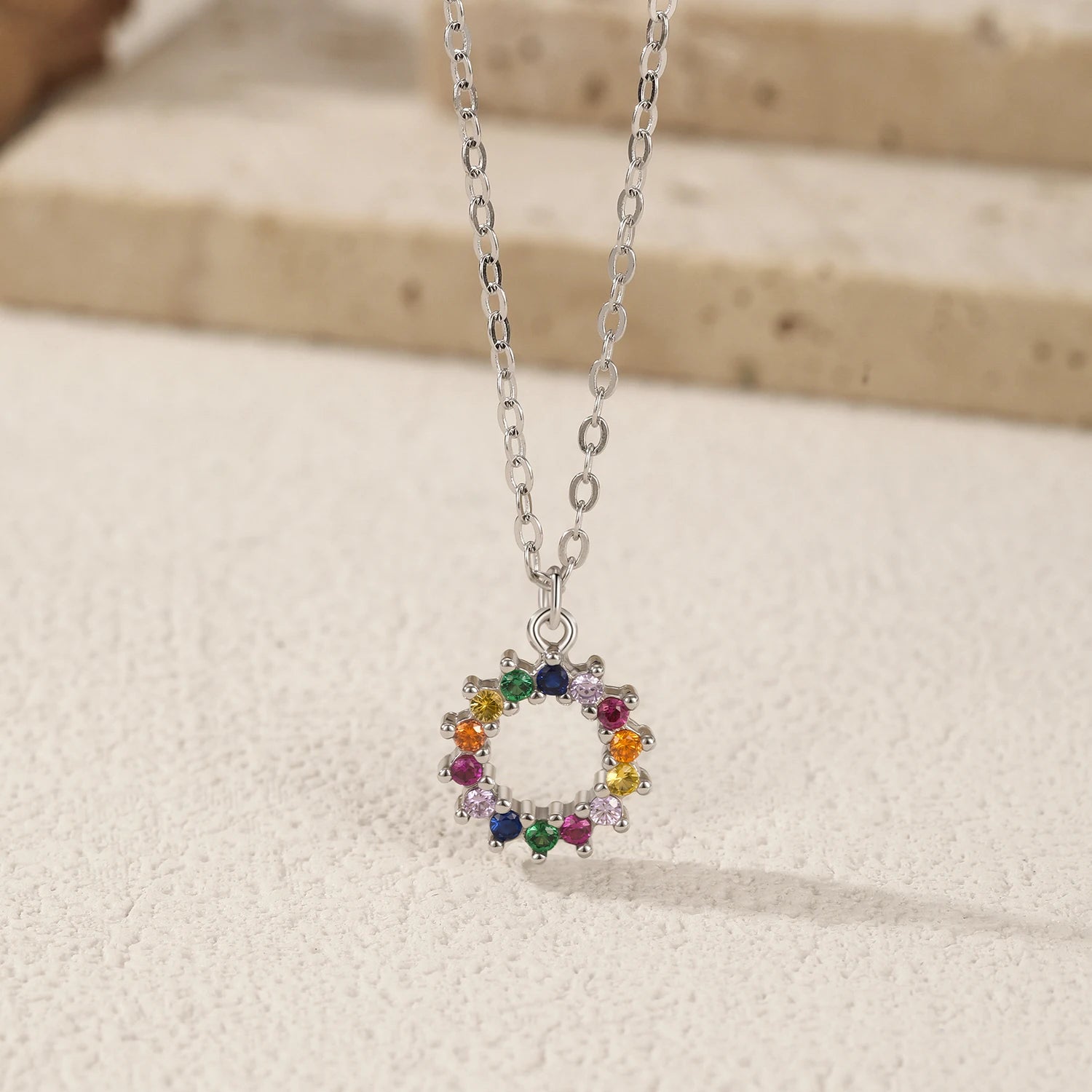 925 Sterling Silver Rainbow Sun CZ Pendant Necklace