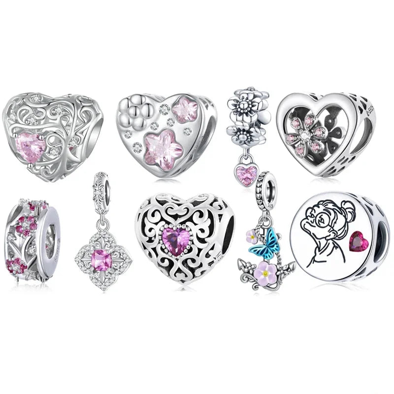 925 Sterling Silver Pink Zircon Vine Heart Charm