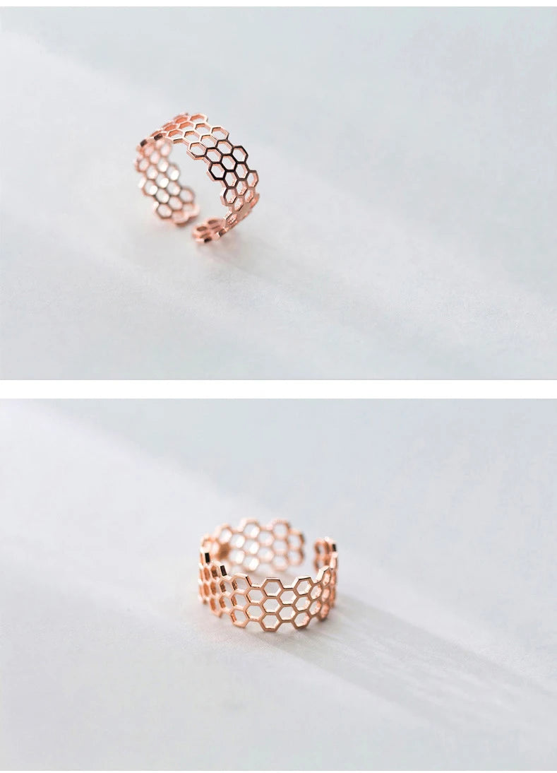 925 Sterling Silver Honeycomb Open Adjustable Ring