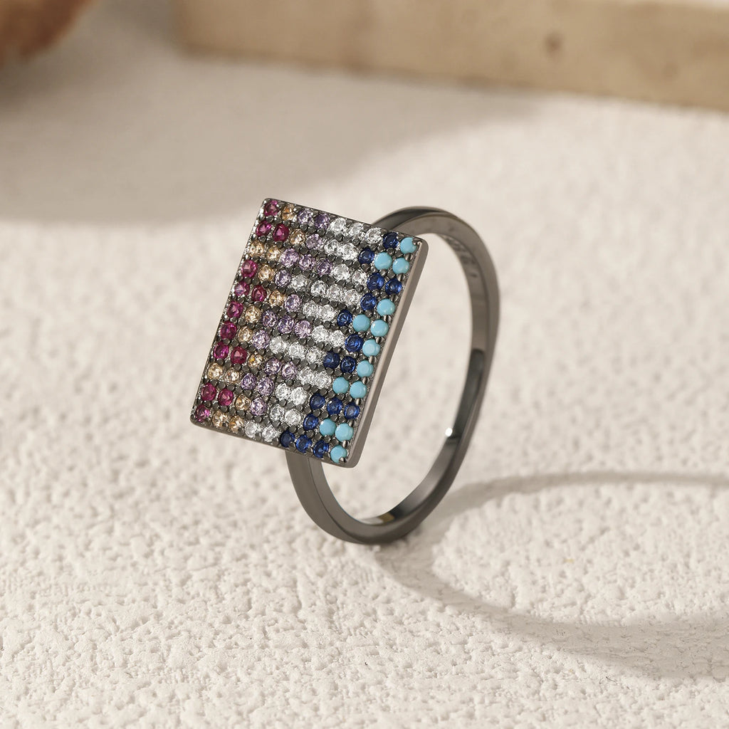 925 Sterling Silver Black CZ Geometric Round Ring