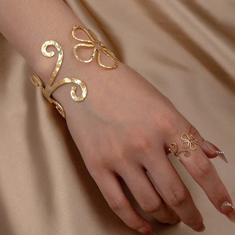 Elegant Adjustable Hollow Flower Bangle & Ring Set