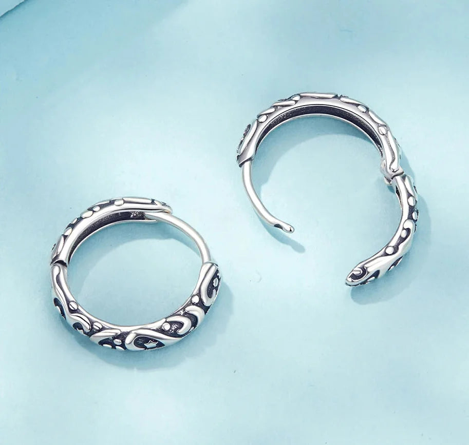 925 Sterling Silver Vintage Flower Pattern Hoop Earrings