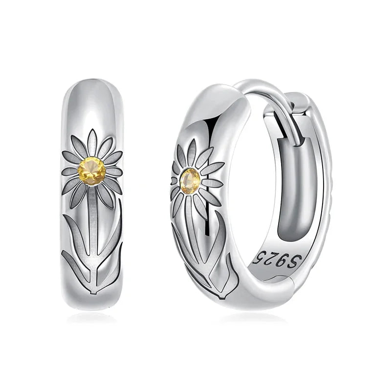 925 Sterling Silver Yellow Sunflower Hoop Earrings