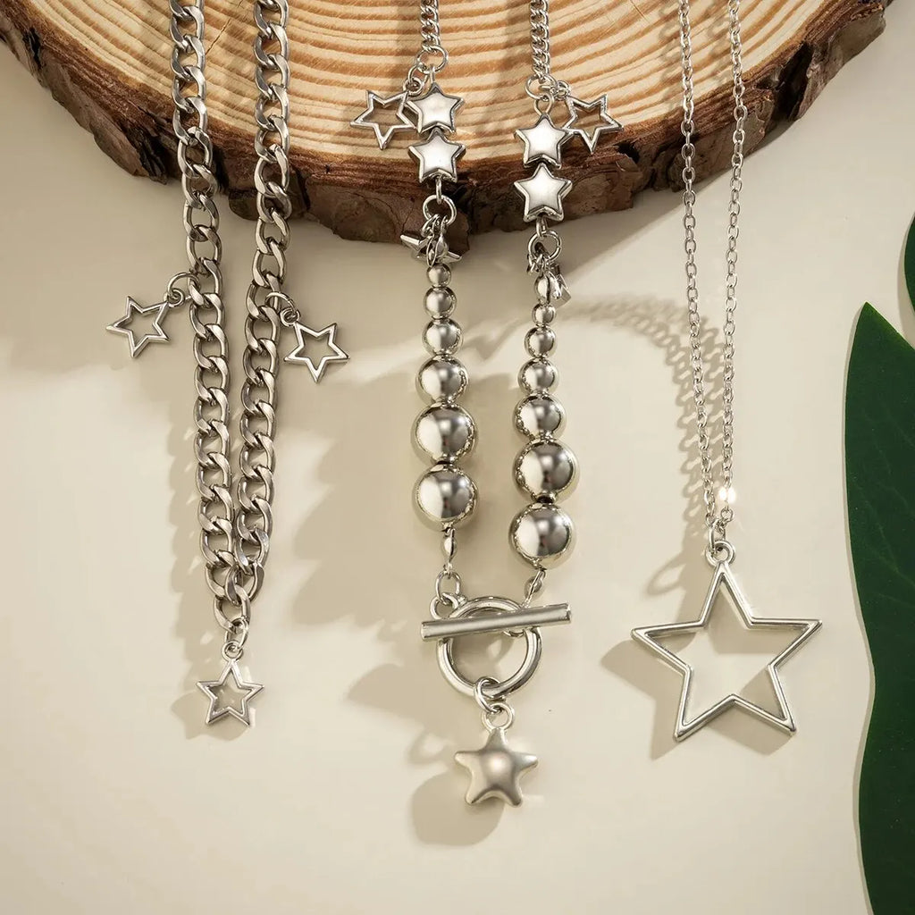 Vintage Silver Star Pendant Choker Necklace Set (3 Pcs)