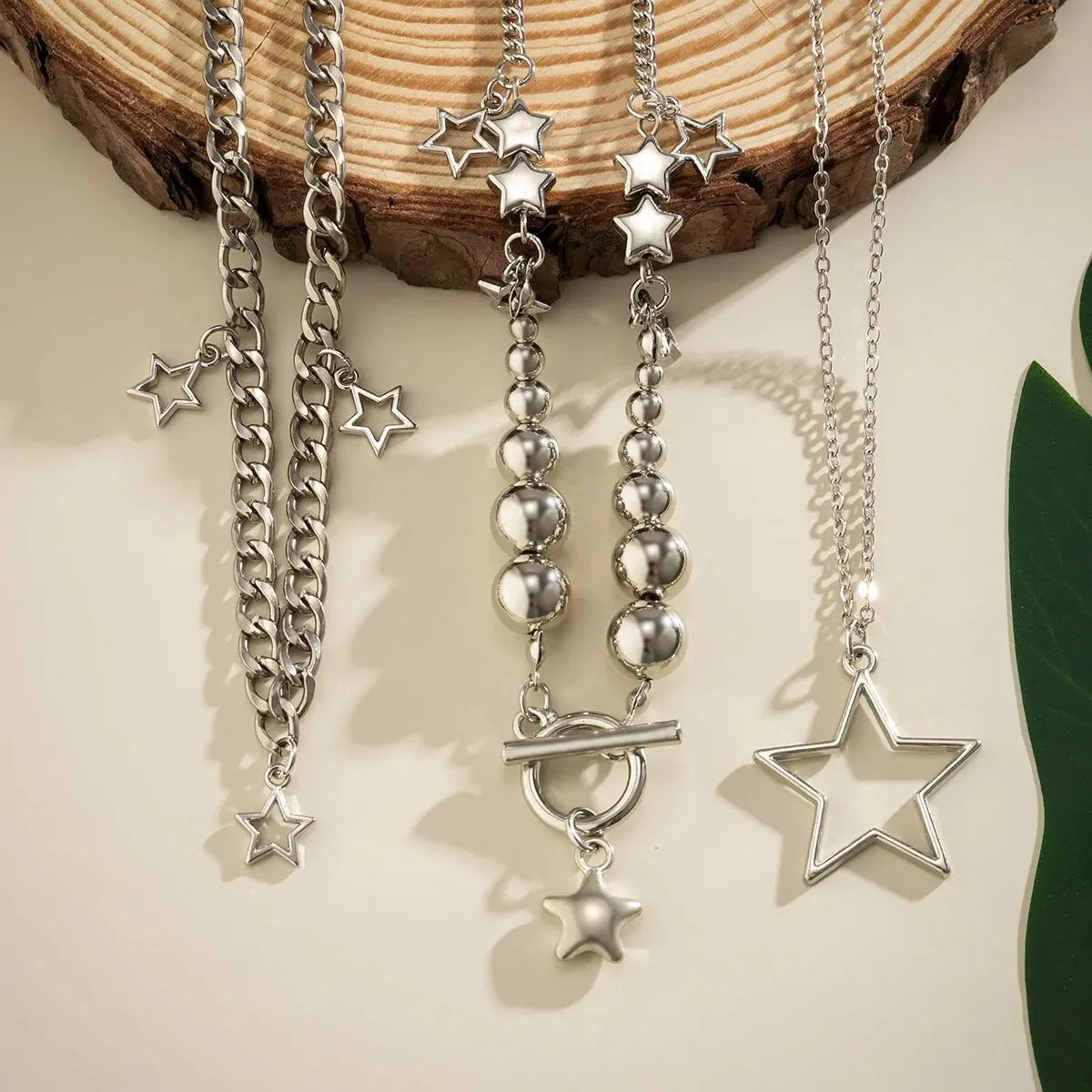 Vintage Silver Star Pendant Choker Necklace Set (3 Pcs)