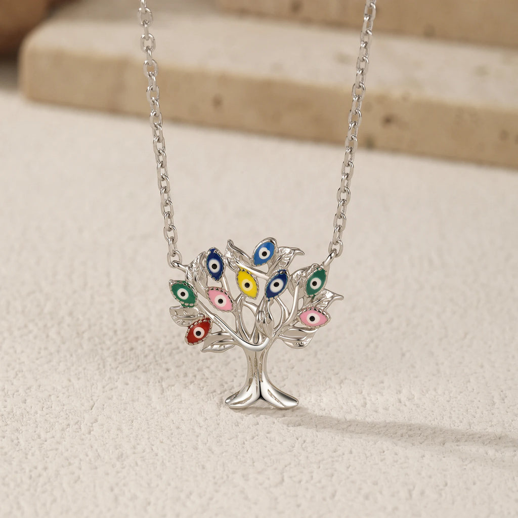 925 Sterling Silver Enamel Eye Tree Pendant Necklace