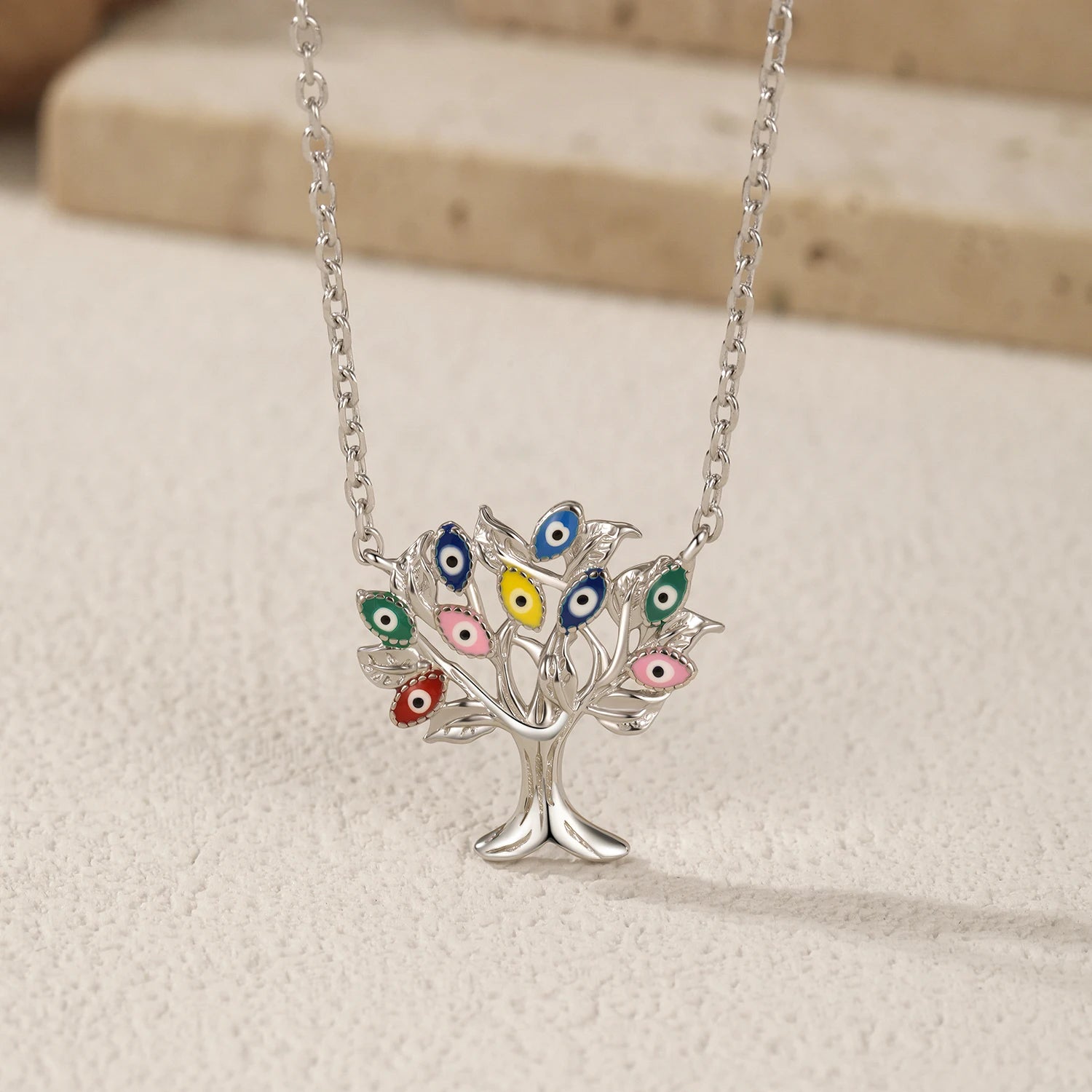 925 Sterling Silver Enamel Eye Tree Pendant Necklace