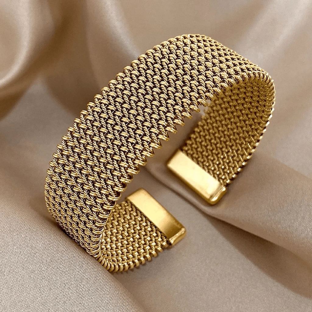18K Gold Plated Braided Mesh Open Bracelet