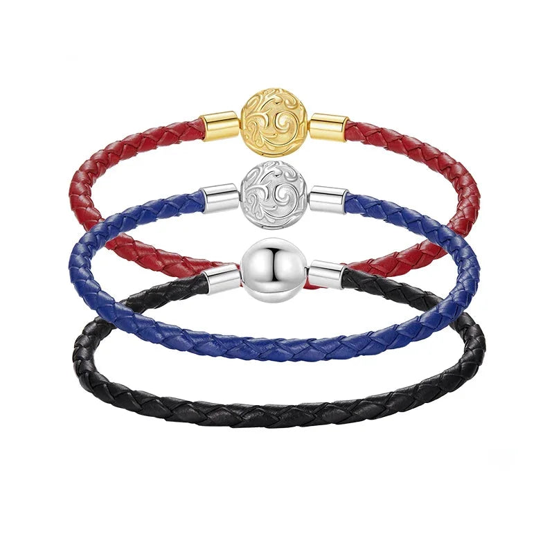 925 Sterling Silver Retro Scroll Red Rope Leather Bracelet