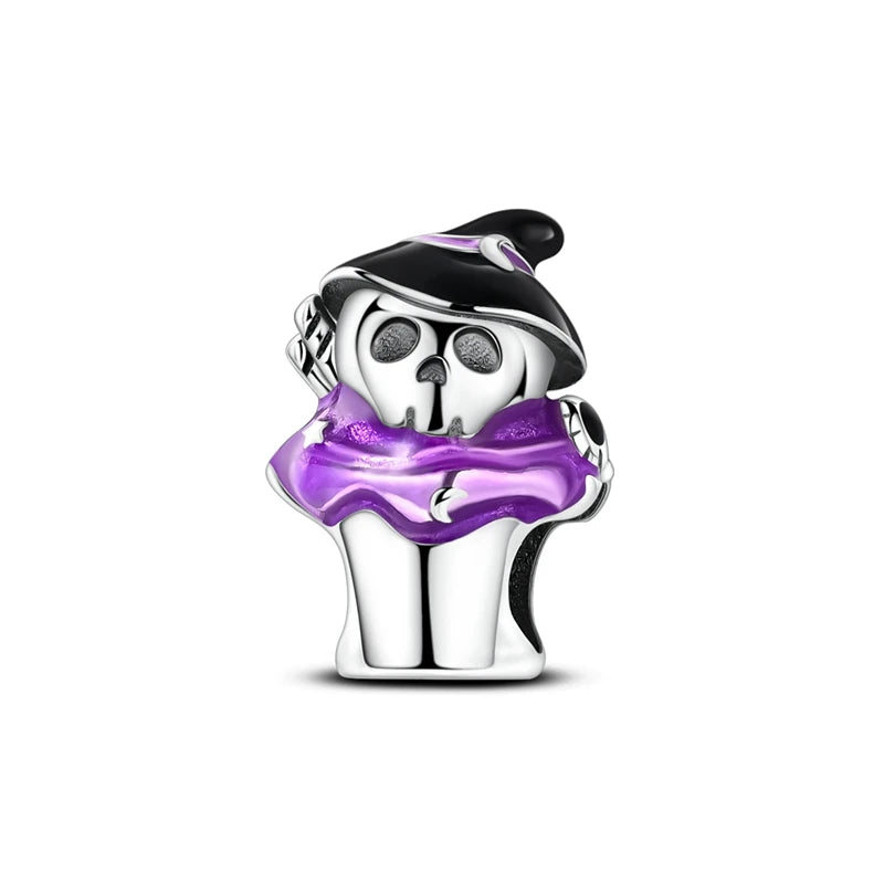 925 Sterling Silver Halloween Pumpkin & Skull Charm Bead