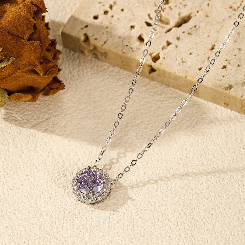 925 Sterling Silver Lavender Zirconia Round Pendant Necklace