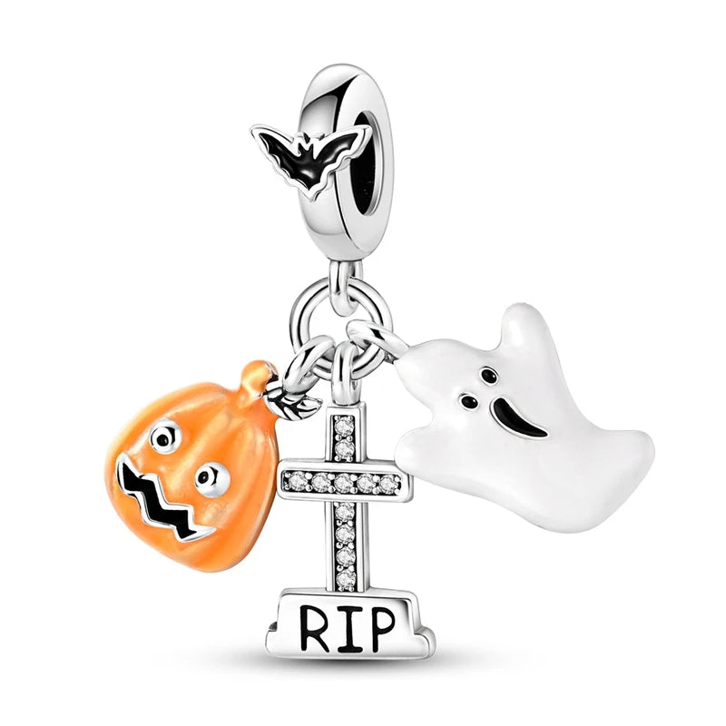 925 Sterling Silver Halloween Pumpkin & Skull Charm Bead