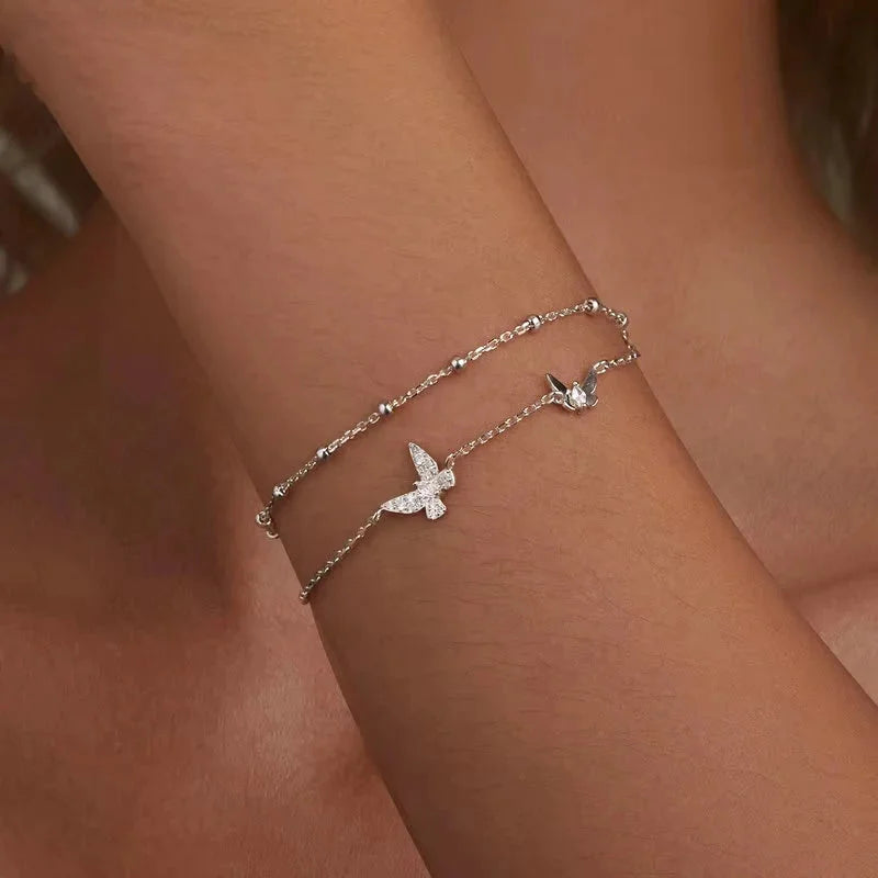 925 Sterling Silver Double-Layer Butterfly CZ Bracelet