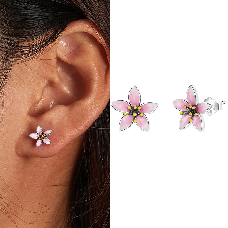 925 Sterling Silver Spring Flower & Swallow Hoop Earrings