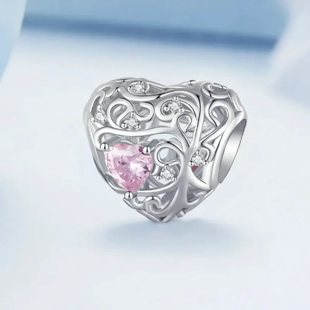 925 Sterling Silver Pink Zircon Vine Heart Charm
