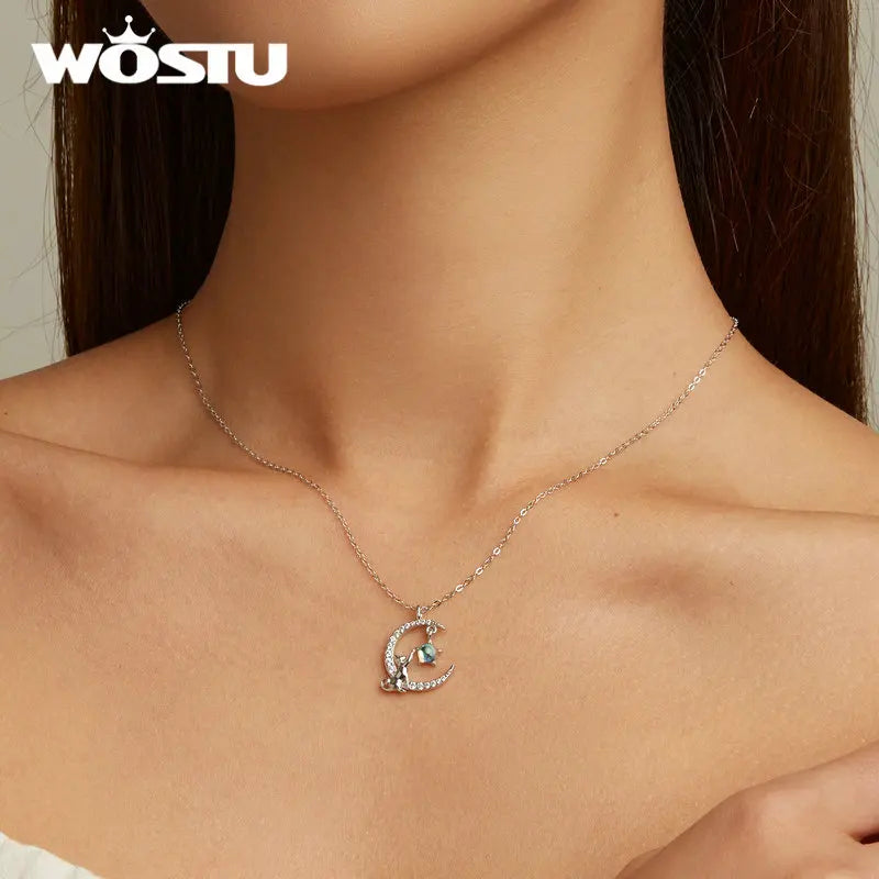 925 Sterling Silver Cute Cat Moon Pendant Necklace