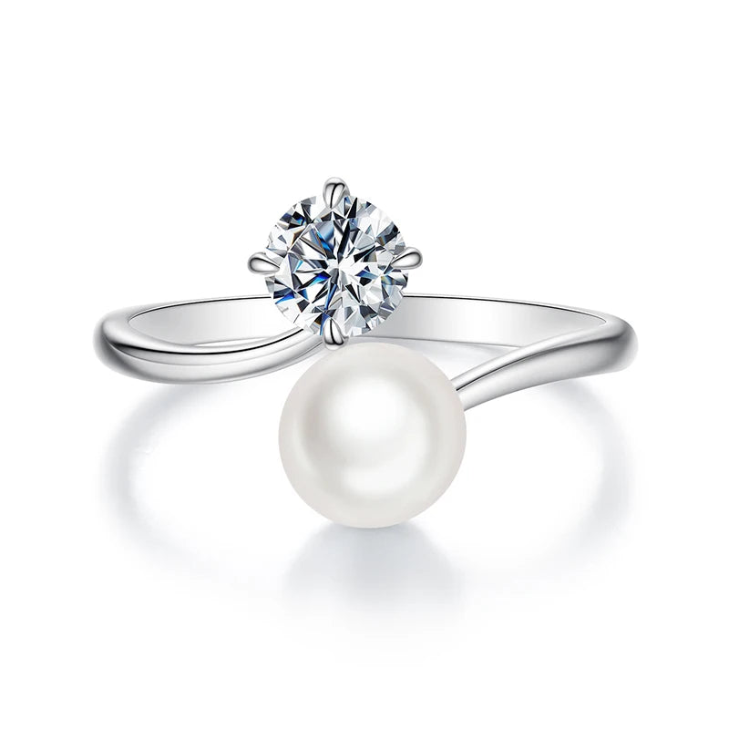 925 Sterling Silver Freshwater Pearl & Moissanite Open Ring