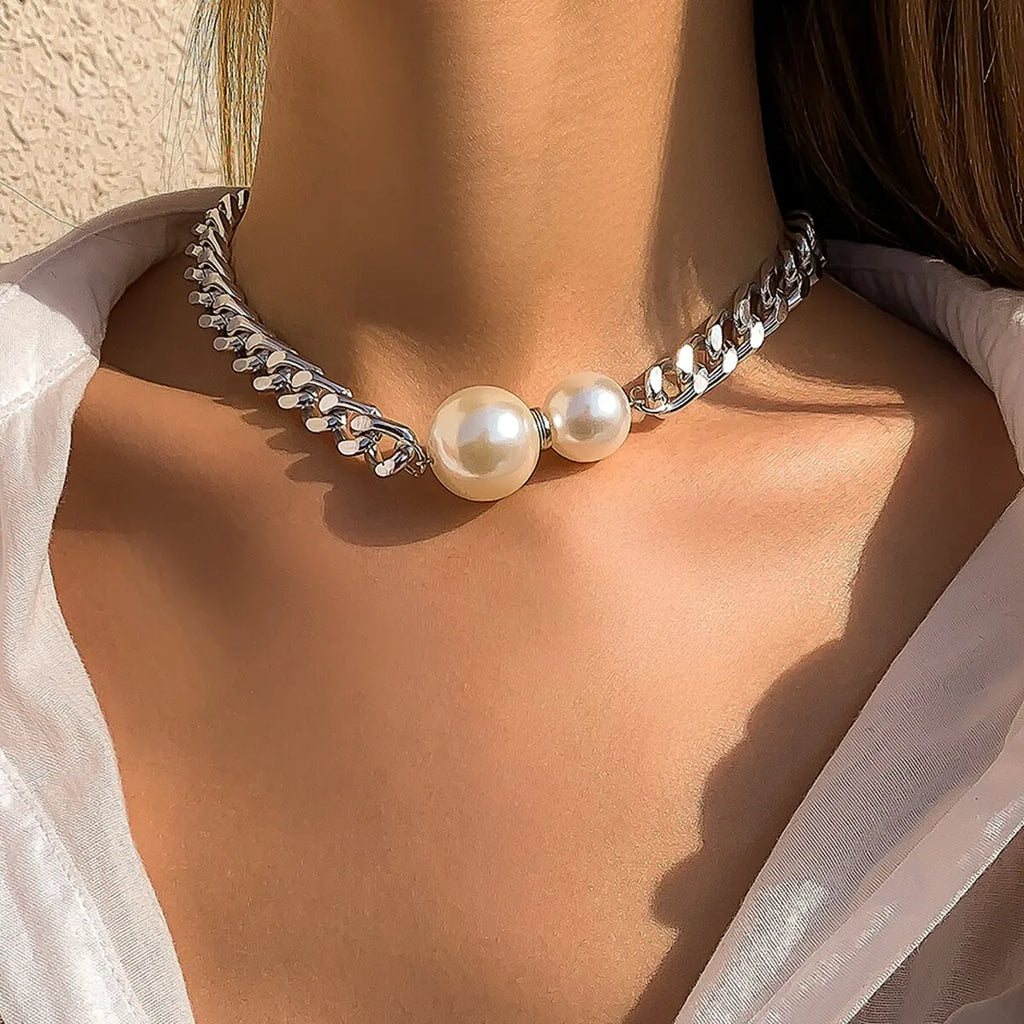 Vintage Cuban Chain Choker with Imitation Pearl Pendant