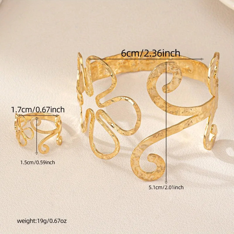 Elegant Adjustable Hollow Flower Bangle & Ring Set