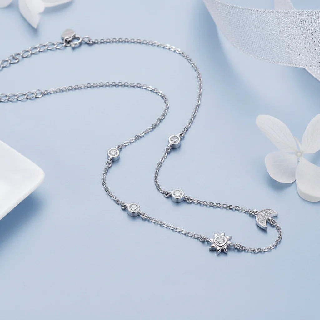 925 Sterling Silver Sparkling Moon and Star Necklace