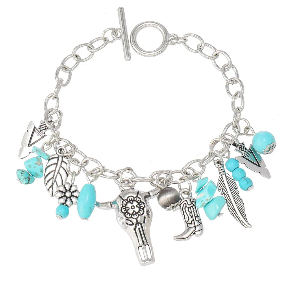 Vintage Silver Boho Turquoise Charm Bracelet