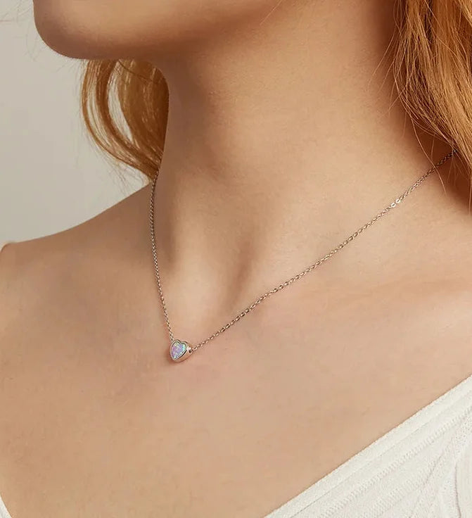 925 Sterling Silver Pink Opal Heart Jewelry Set