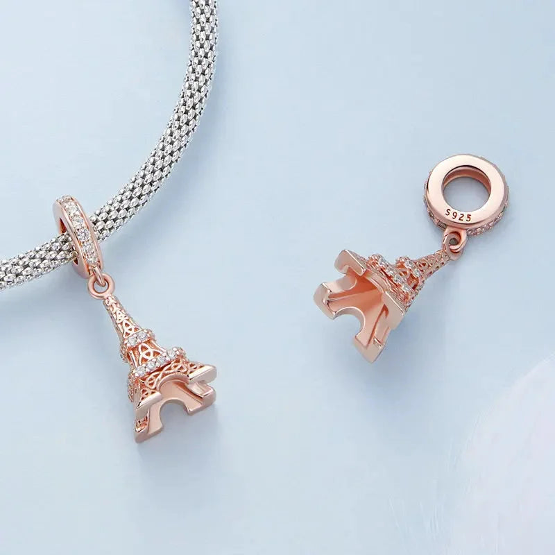 925 Sterling Silver Rose Gold Flower & Tower Heart Charm