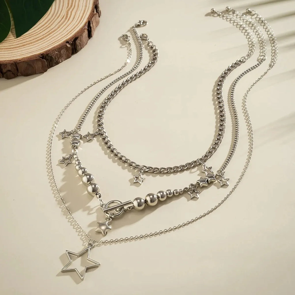 Vintage Silver Star Pendant Choker Necklace Set (3 Pcs)