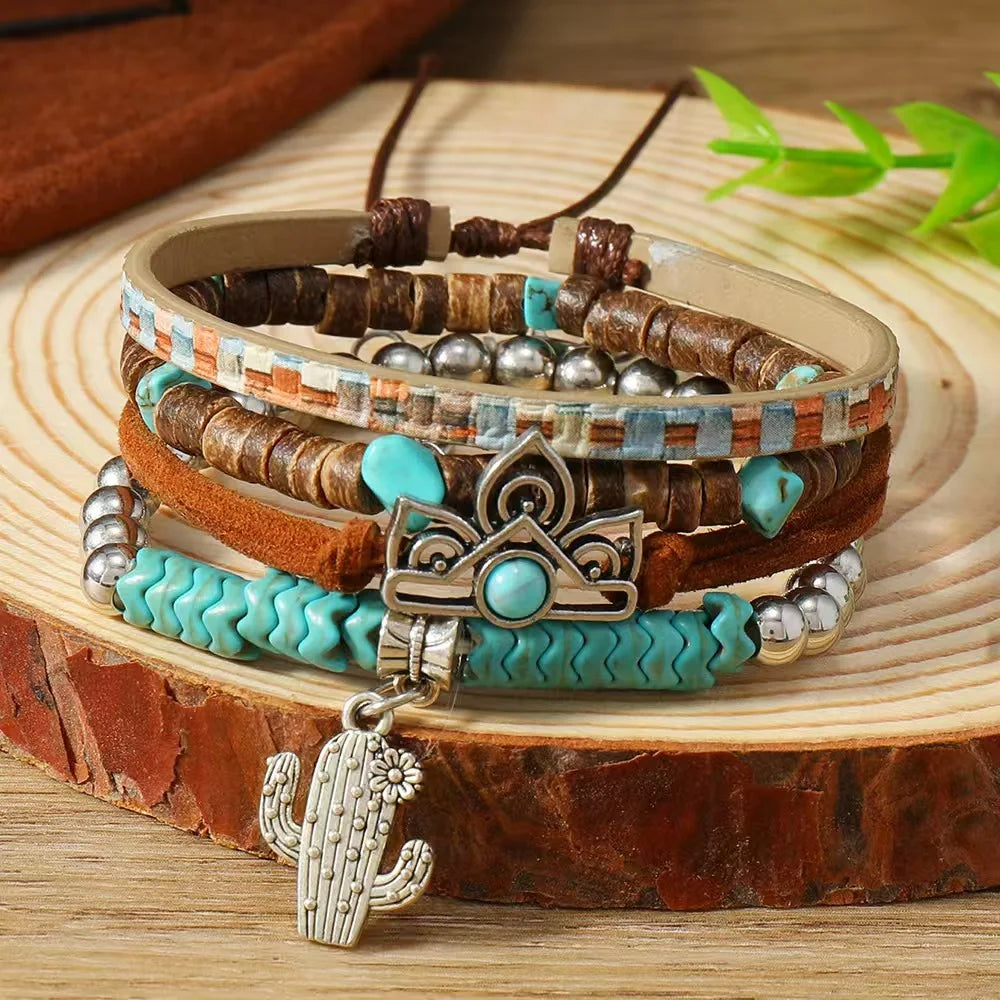 Boho Cactus Charm Leather & Turquoise Beaded Wrap Bracelet Set
