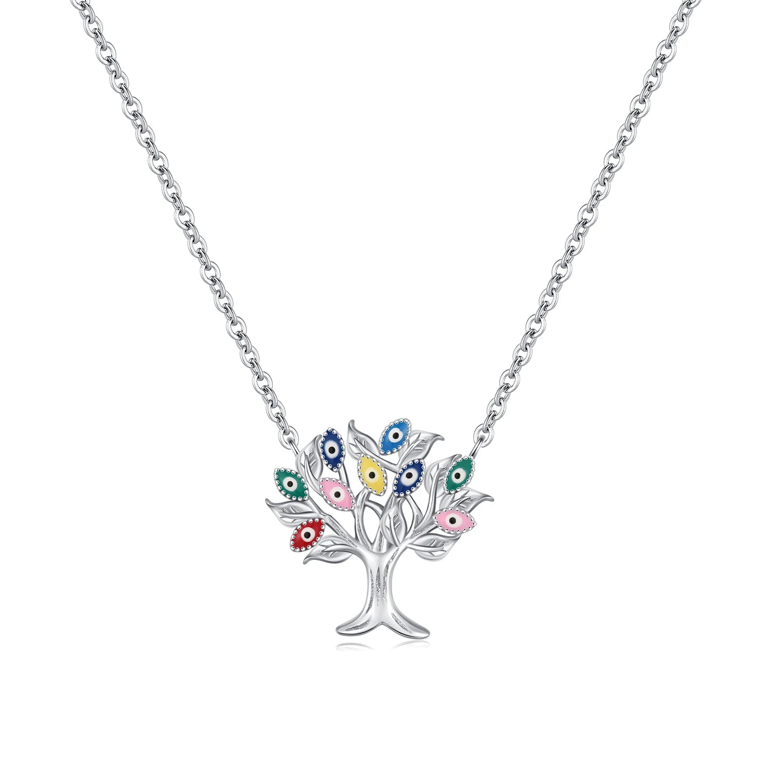 925 Sterling Silver Enamel Eye Tree Pendant Necklace