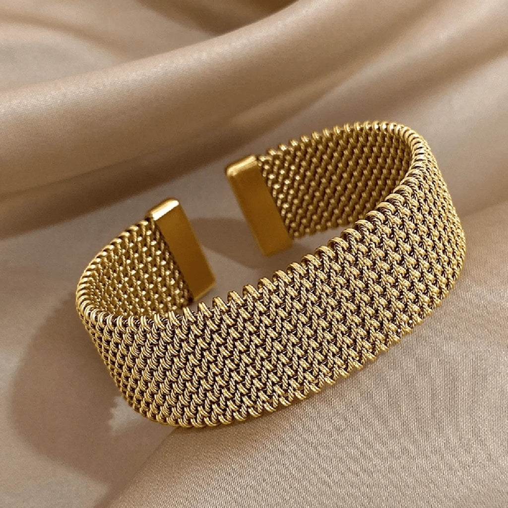 18K Gold Plated Braided Mesh Open Bracelet