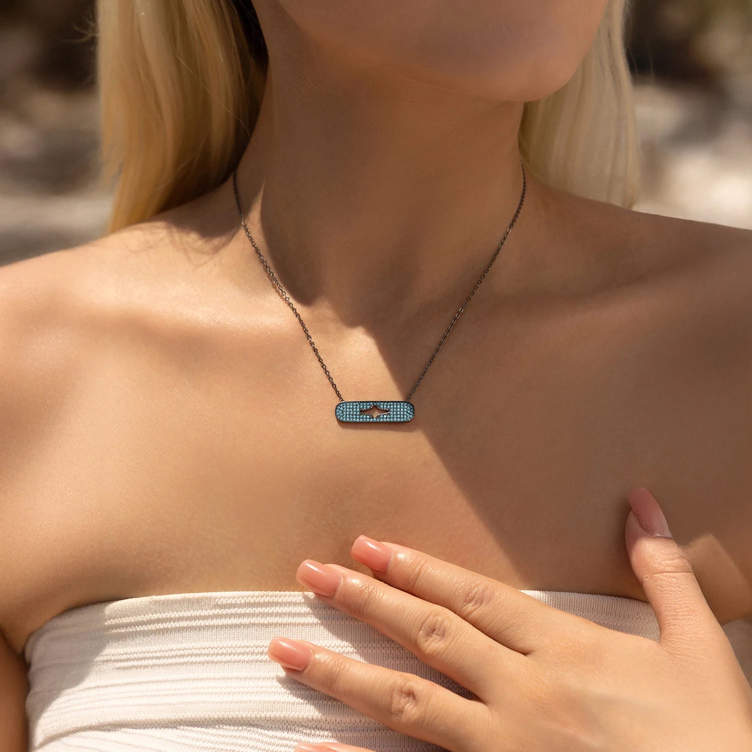 925 Sterling Silver Blue Enamel Eye Water Drop Pendant Necklace