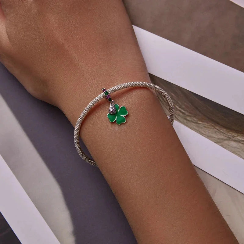 925 Sterling Silver Four-Leaf Clover Safety Chain Charm
