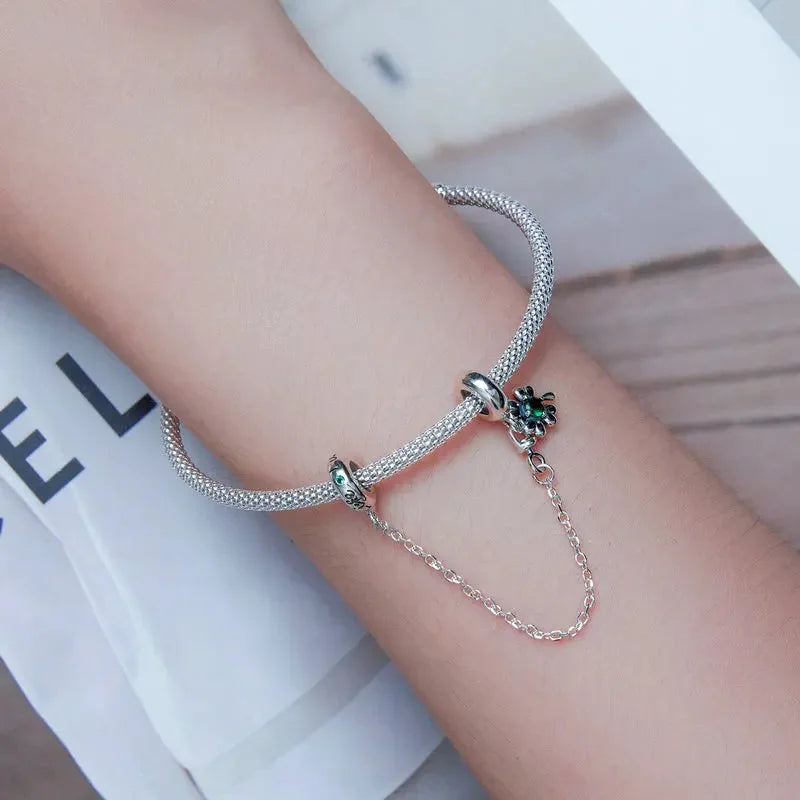 925 Sterling Silver Four-Leaf Clover Safety Chain Charm