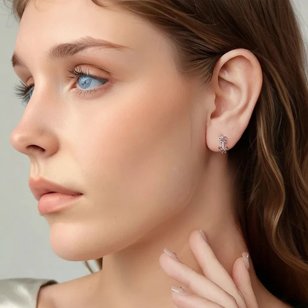 925 Sterling Silver Pink Bow Hoop Earrings