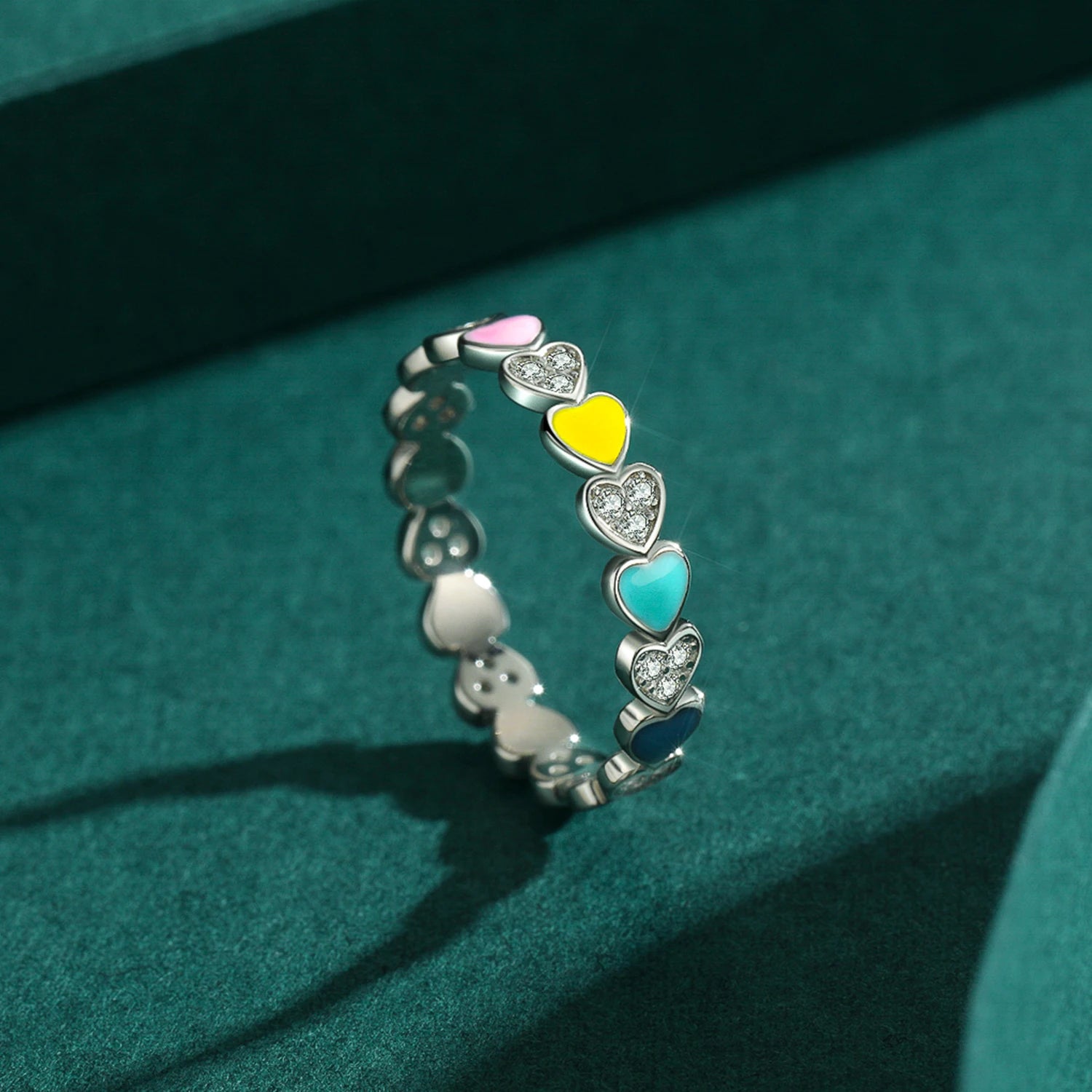 925 Sterling Silver Love Hearts Enamel CZ Ring & Earrings Set