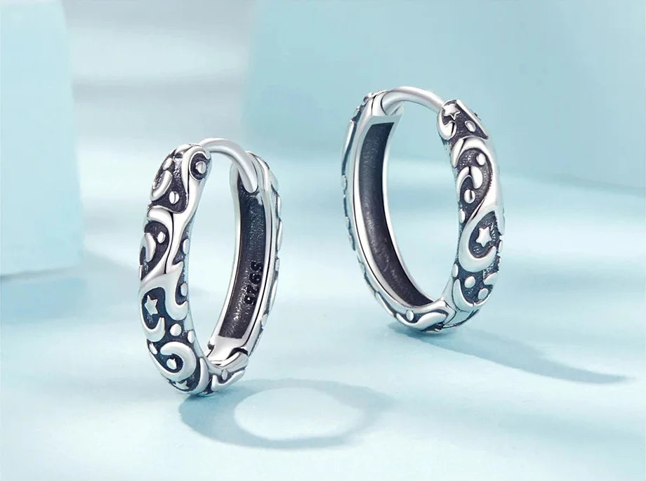 925 Sterling Silver Vintage Flower Pattern Hoop Earrings