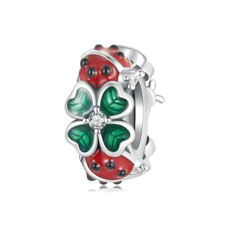 925 Sterling Silver Four-Leaf Clover & Ladybug Charm