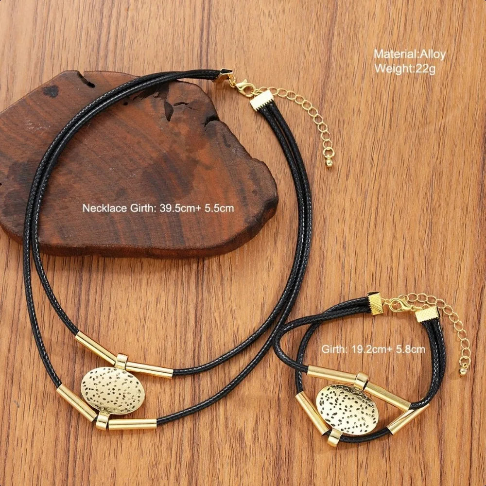 Vintage Oval Leather Necklace & Bracelet Set – Gold Double-Layer Rope Design