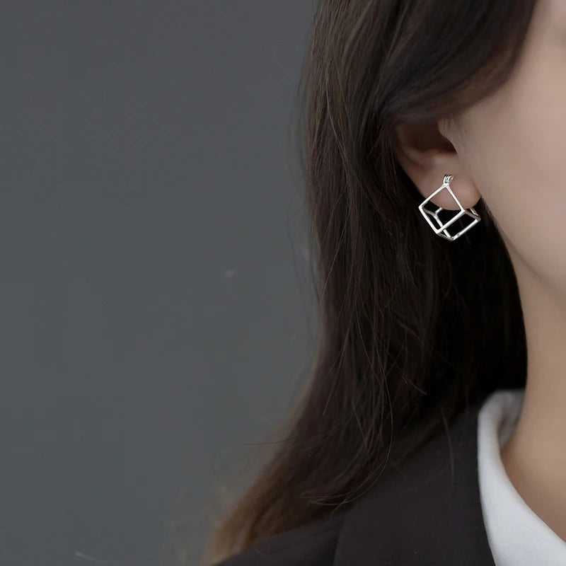 925 Sterling Silver Geometric 3D Square Stud Earrings
