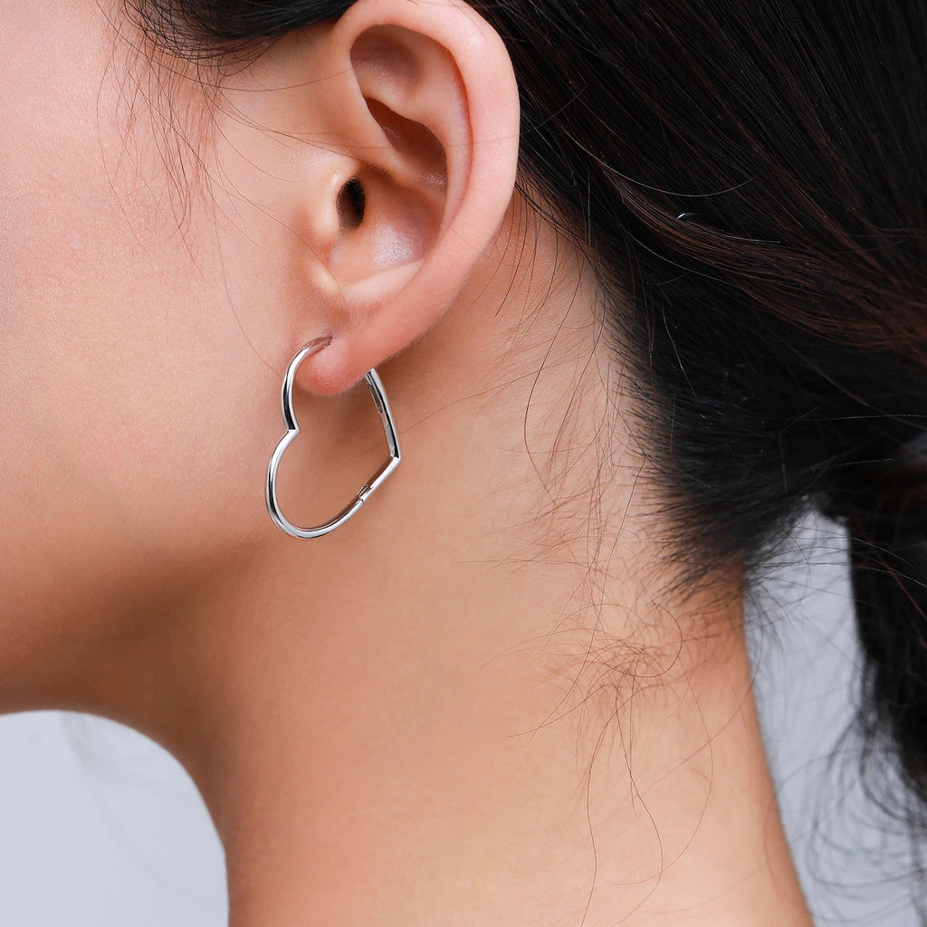 925 Sterling Silver Glossy Heart Hoop Earrings