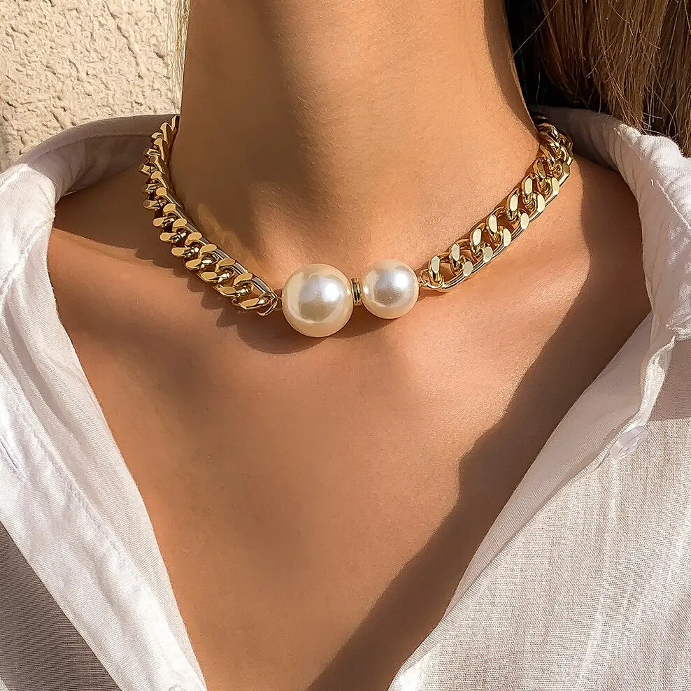 Vintage Cuban Chain Choker with Imitation Pearl Pendant
