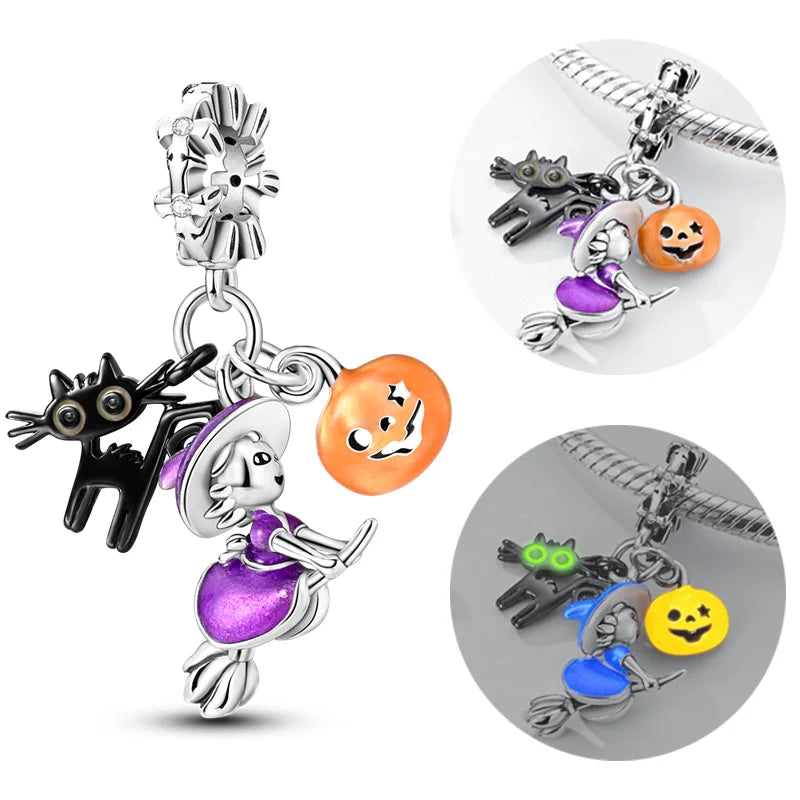 925 Sterling Silver Halloween Pumpkin & Skull Charm Bead