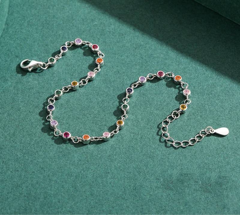925 Sterling Silver Rainbow CZ Chain Bracelet