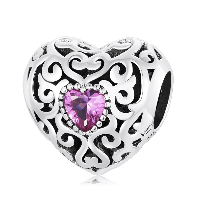 925 Sterling Silver Pink Zircon Vine Heart Charm