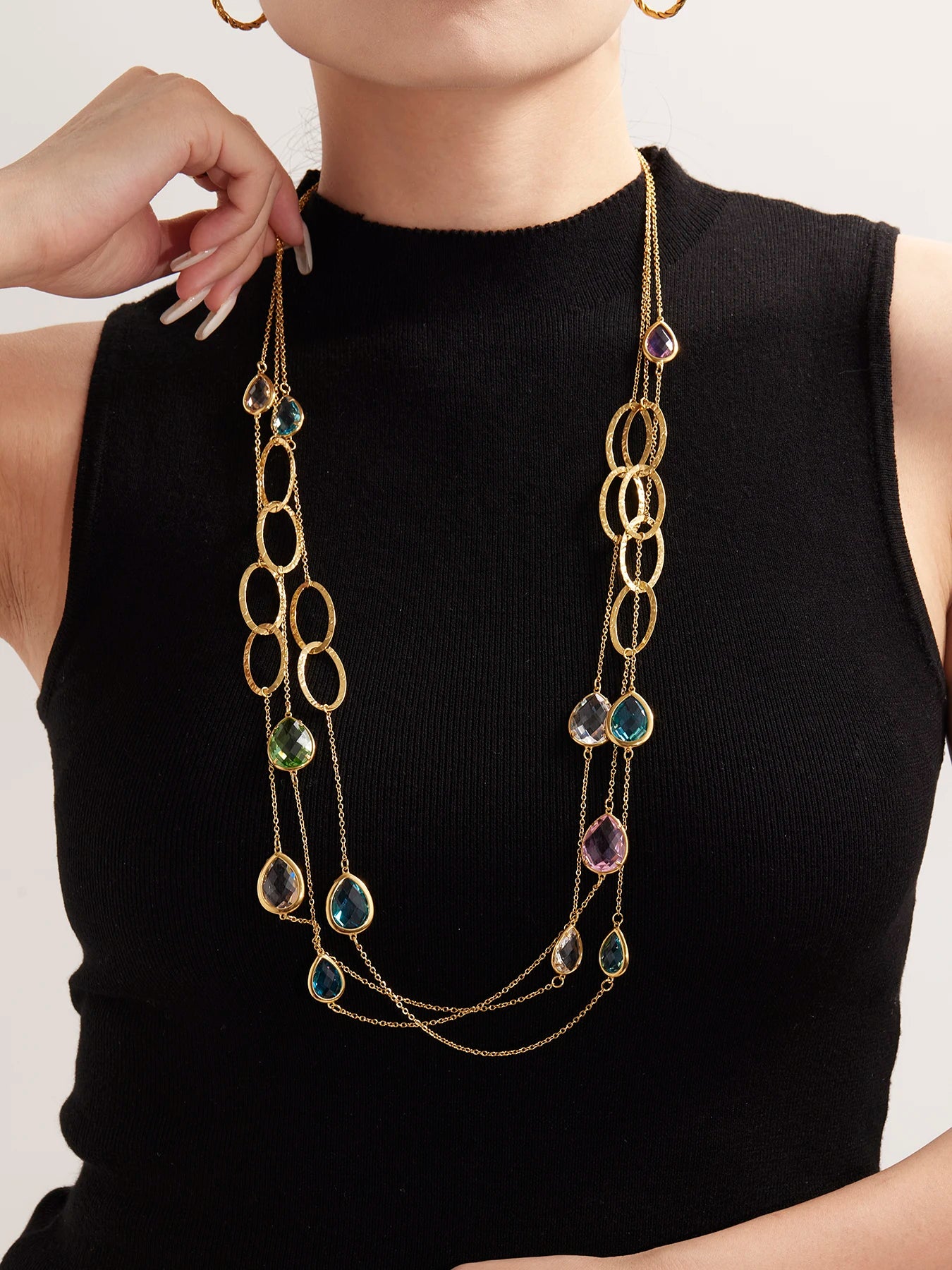 18K Gold Plated Long Sweater Chain Necklace with Faceted Glass Droplet Pendant