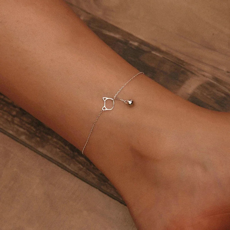 925 Sterling Silver Cat & Bell Anklet