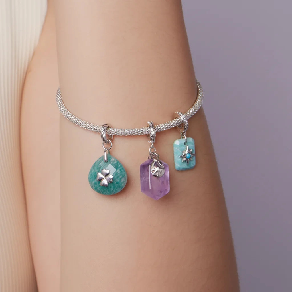925 Sterling Silver Lucky Amazonite & Amethyst Charm