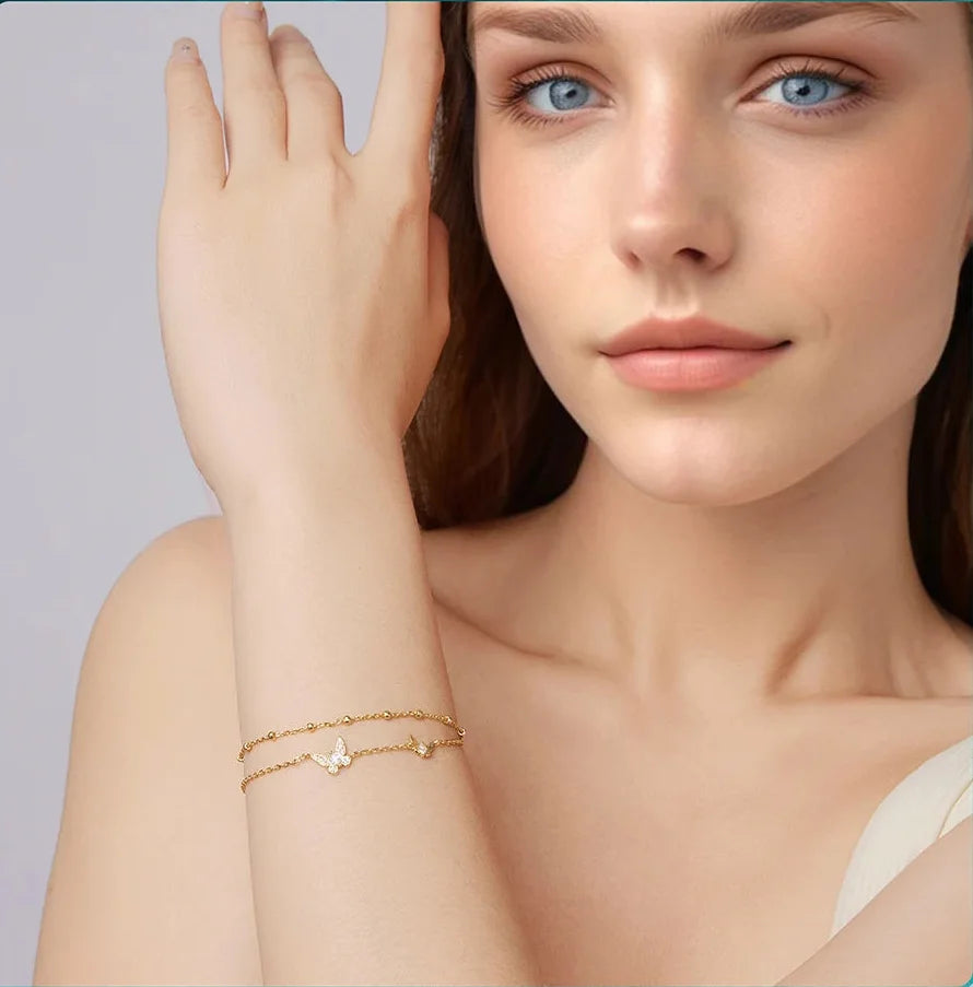 925 Sterling Silver Double-Layer Butterfly CZ Bracelet