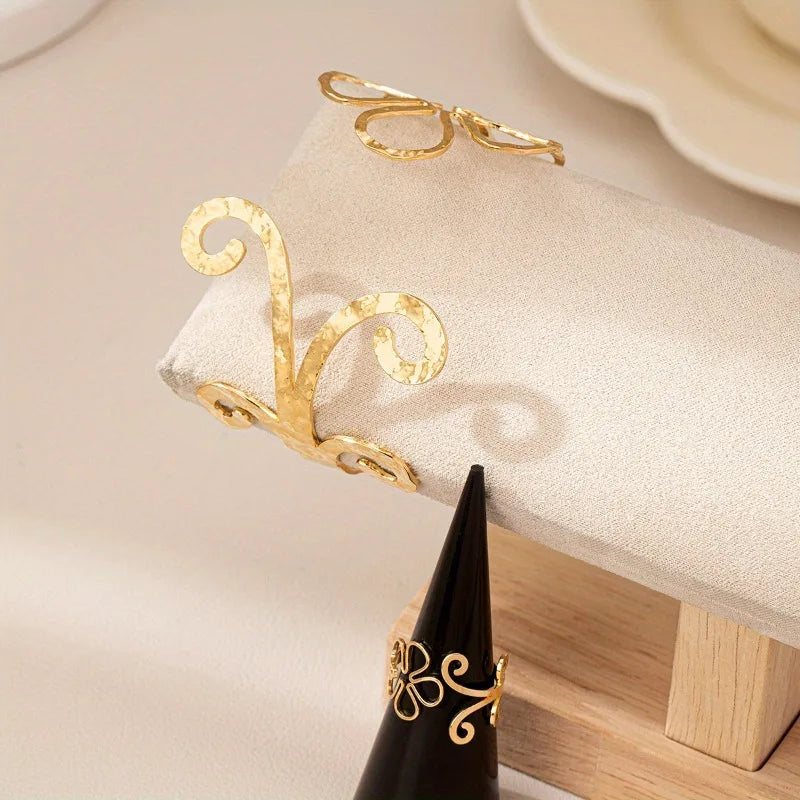 Elegant Adjustable Hollow Flower Bangle & Ring Set